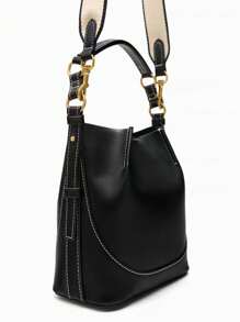 New Brown Pleated Drawstring Bucket Handbag For Women, Wide Strap Crossbody Bag, Versatile - Black - View 6