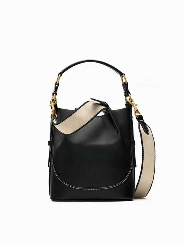 New Brown Pleated Drawstring Bucket Handbag For Women, Wide Strap Crossbody Bag, Versatile