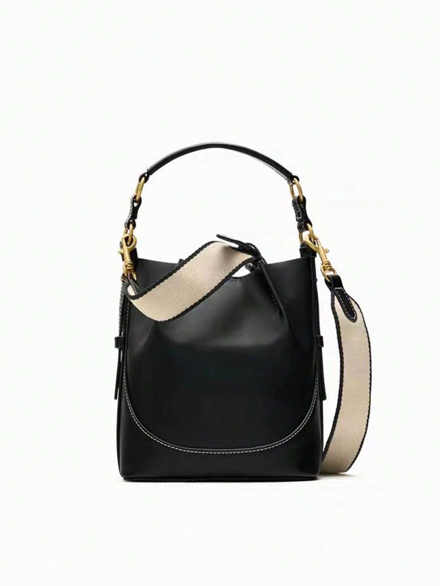 New Brown Pleated Drawstring Bucket Handbag For Women, Wide Strap Crossbody Bag, Versatile - Black - View 1