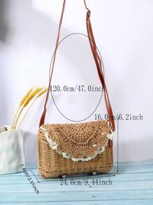 新品畅销方形翻盖编织包，百搭沙滩休闲单肩斜挎包，森系风格草编女包 - 卡其色 - 查看 5