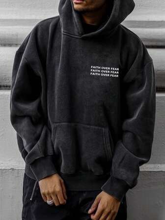 Men's Casual Slim Fit "FAITH OVER FEAR" Letter Graphic Print Drop Shoulder Hoodie, Long Sleeve Top