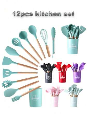 1 Set Kitchen Utensil Set, Silicone Cookware Set,12pcs Silicone Kitchen Utensil Set, Wooden Cooking Utensils, Kitchen Gadgets, Silicone Cutlery Set, Kitchen Tools With Storage Bucket