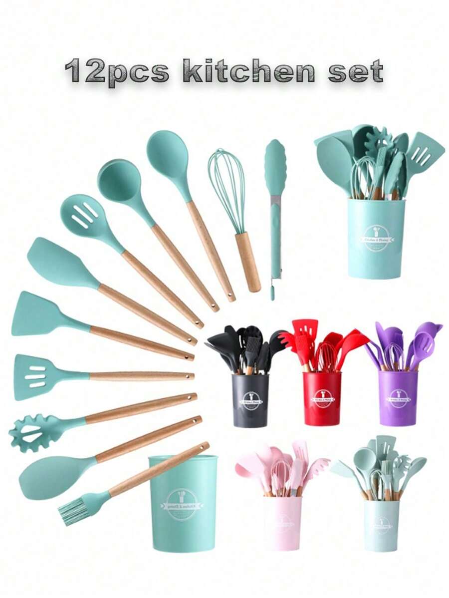 1 套厨房用具套装、硅胶炊具套装、12 件硅胶厨房用具套装、木制烹饪用具、厨房小工具、硅胶餐具套装、带储物桶的厨房工具
