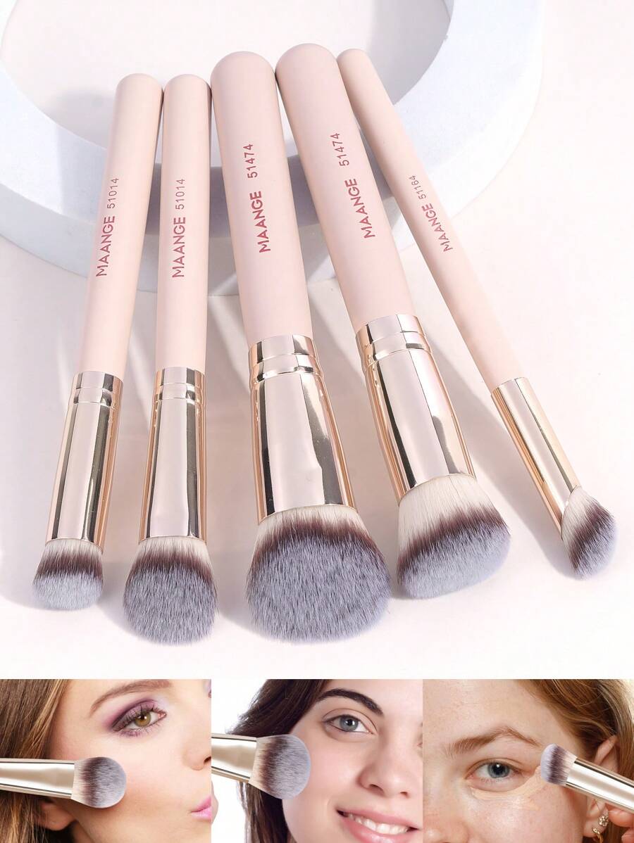 MAANGE 5pcs Professional Facial Makeup Brush Set With Loose Powder Brush Blush Brush Foundation Brush Contour Brush Nose Contour Brush,Makeup Tools With Soft Fiber For Powder,Liquid,For Easy Carrying,Brush For Travel.Gift For Women&Girls - 卡其色 - 查看 1
