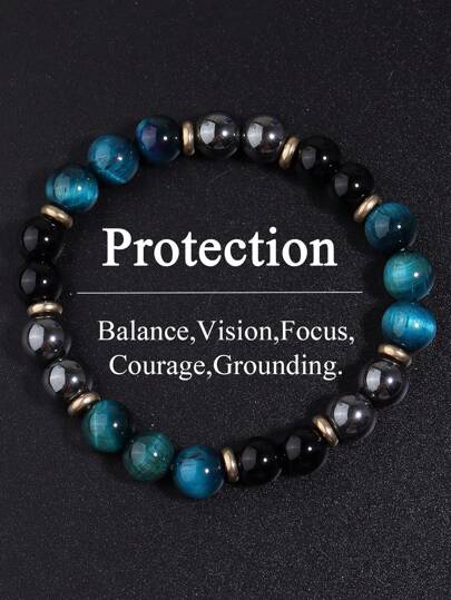 8mm Natural Blue Tiger Eye Men's Protection Bracelet -Courage ,Confidence ,Hematite Healing Yoga Meditation Spirit Jewelry Gifts For Women Men