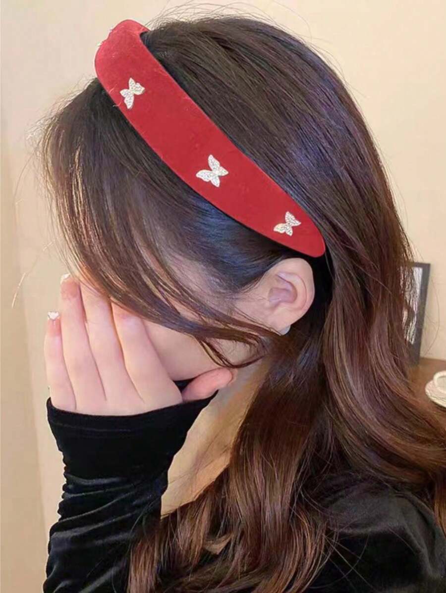 1 件复古红色天鹅绒蝴蝶水钻装饰头带，适合日常佩戴 - 紅色1 - 查看 1