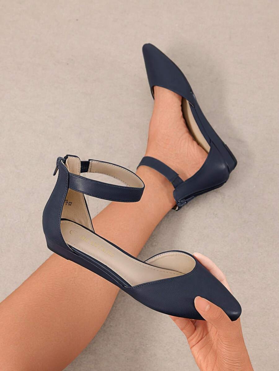 Women's Closed Pointed Toe Low Wedge Ankle Strap Casual Comfortable Ballet Flats With Back Zipper Design Party Wedding Shoes Navy - 藏蓝色 - 查看 1