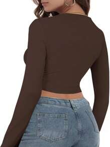 OUTBALL Women's Sexy Square Neck Crop Top Long Sleeve Slim Fit Cropped T Shirts - 咖啡豆 - 查看 2