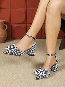 Women's Houndstooth Pointed Toe Pumps With Butterfly & Pearl Decor, Chunky Heel, Versatile High Heels, Suitable For Spring & Autumn - Black and White - View 8