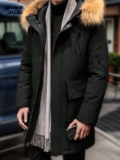 Men's Hooded Fleece-Trimmed Drawstring Zip-Up Long Sleeve Padded Parka Coat, Suitable For Daily And Winter Outdoor Activities