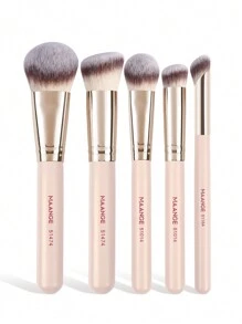 MAANGE 5pcs Professional Facial Makeup Brush Set With Loose Powder Brush Blush Brush Foundation Brush Contour Brush Nose Contour Brush,Makeup Tools With Soft Fiber For Powder,Liquid,For Easy Carrying,Brush For Travel.Gift For Women&Girls - 卡其色 - 查看 3