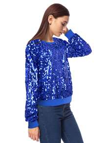 Women's Glitter Sequin Sweatshirt Long Sleeve Pullover Tops With Ribbed Cuffs - Royal Blue - View 4