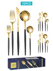 Juego de cubiertos de 15/20/30 piezas de acero inoxidable, elegante conjunto de cubiertos dorados de 15/20/30 piezas, conjunto de cubiertos con acabado dorado, cuchillos, tenedores y cucharas de cena reutilizables para uso diario y en el hogar, caja de regalo, útiles escolares