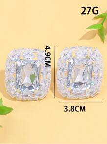1 Pair Silver Geometric Rhinestone Clip-On Earrings, Fashionable Stylish For Party, Banquet Wear
