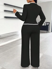 AIJ Amarilo 2024新款女士秋冬不对称下摆单排扣撞色滚边西装套装，带口袋细节，适合工作和通勤穿着。 - 查看 2