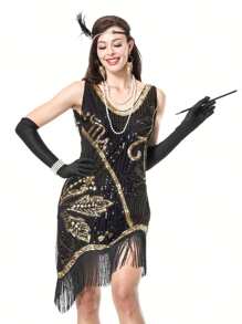 1920s Women's Sequined Fancy Dress Party Dress (Dress+Six Piece Set Accessories) - 黑色 - 查看 4