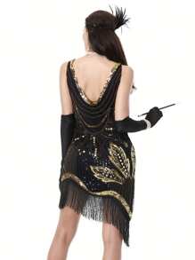 1920s Women's Sequined Fancy Dress Party Dress (Dress+Six Piece Set Accessories) - 黑色 - 查看 2
