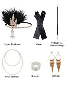 1920s Women's Sequined Fancy Dress Party Dress (Dress+Six Piece Set Accessories) - 黑色 - 查看 6