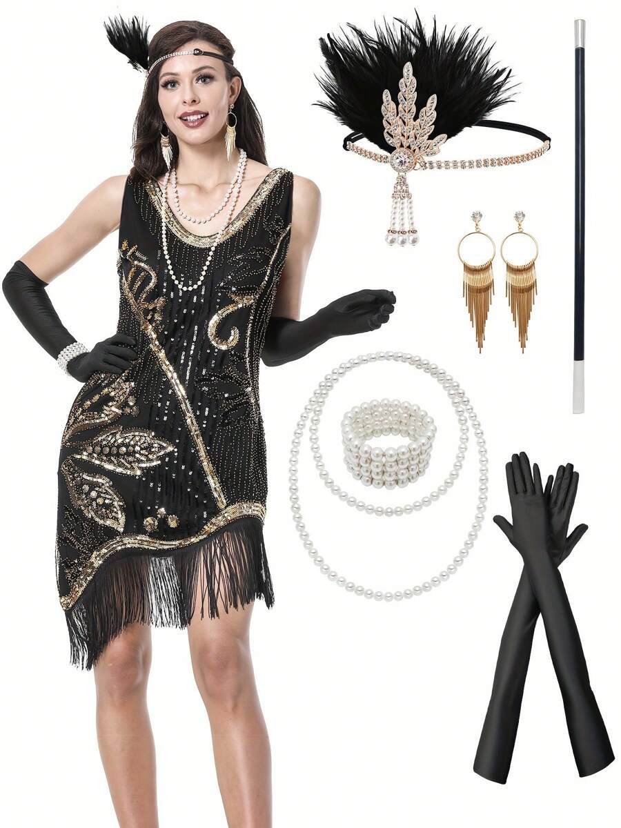 1920s Women's Sequined Fancy Dress Party Dress (Dress+Six Piece Set Accessories) - 黑色 - 查看 1