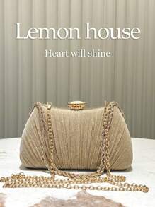 1 chiếc túi xách tay dây xích xếp ly lấp lánh màu vàng, túi đeo vai kim loại, túi dự tiệc thanh lịch phù hợp cho các dịp trang trọng, đám cưới, tiệc tùng, quà tặng cho phụ nữ. - Vàng - Xem 3