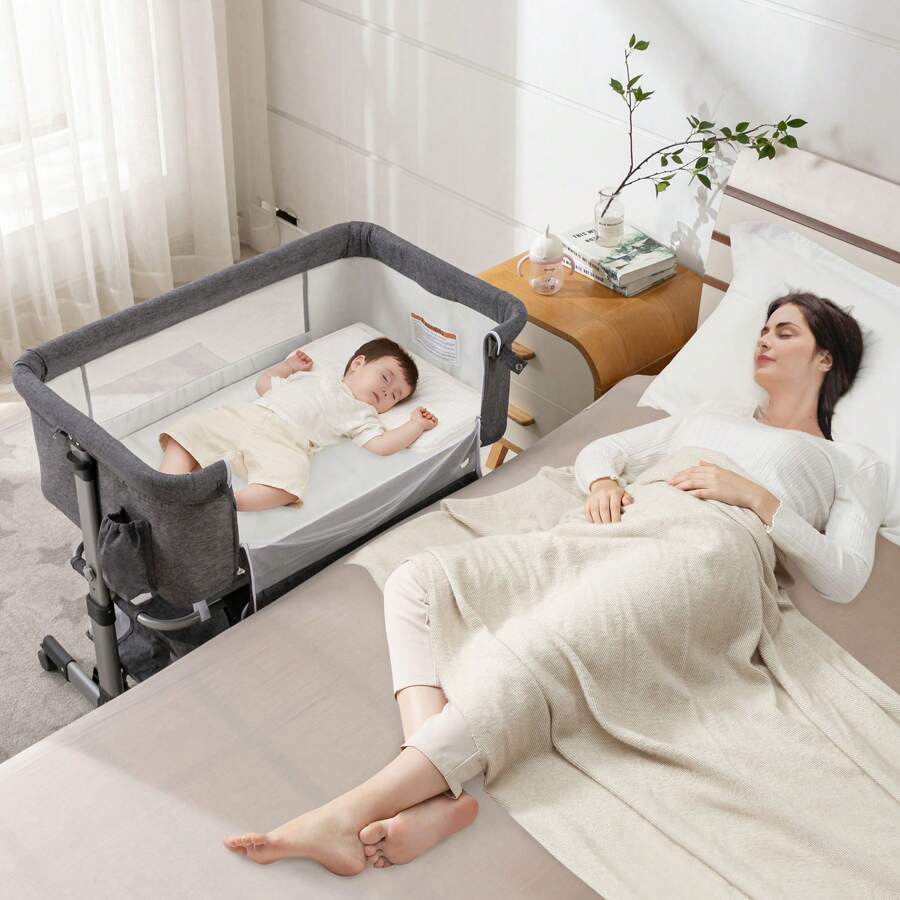 Baby Bedside Bassinet Sleeper With Wheels, Heigt Adjustable, For Infant/Baby/Newborn Girls & Boys 0-6 Months - Xám - Xem 1