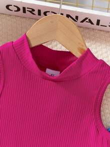 Young Girl Ribbed Solid Color Tank Top And Floral Print Faux Denim Casual Pants Set