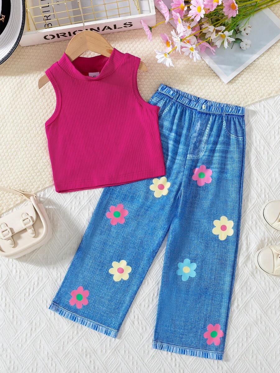 Young Girl Ribbed Solid Color Tank Top And Floral Print Faux Denim Casual Pants Set