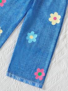 Young Girl Ribbed Solid Color Tank Top And Floral Print Faux Denim Casual Pants Set