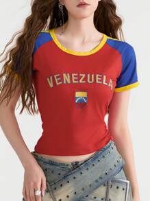 Y2k Baby Tees Women Raglan Short Sleeve Graphic Printed Tees Crop Tops Contrast Color Slim Fit T Shirts Teen Girls Summer Vintage Aesthetic Clothes Streetwear - 彩色 - 查看 3
