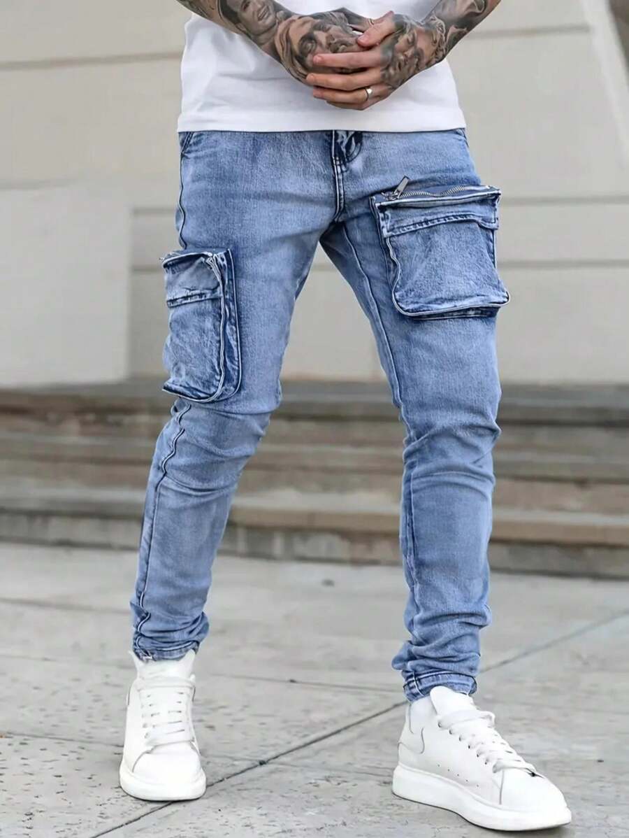 1pc Blue Men's Skinny Cargo Jeans - Blue - View 1