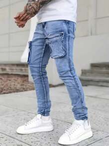 1pc Blue Men's Skinny Cargo Jeans - Blue - View 3
