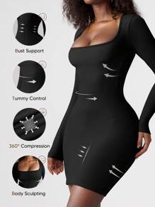 Women's Black Bodycon Tight Dress Square Neck Ribbed Long Sleeve Slim Fit Mini Dresses