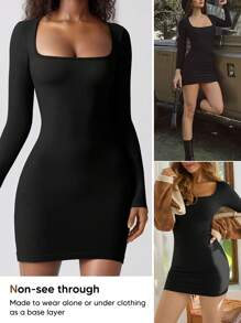 Women's Black Bodycon Tight Dress Square Neck Ribbed Long Sleeve Slim Fit Mini Dresses