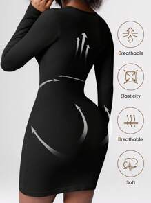 Women's Black Bodycon Tight Dress Square Neck Ribbed Long Sleeve Slim Fit Mini Dresses