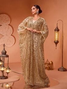 全新奢华高端优雅女士亮片珍珠刺绣蕾丝拼布开衫两件套土耳其长袍连衣裙