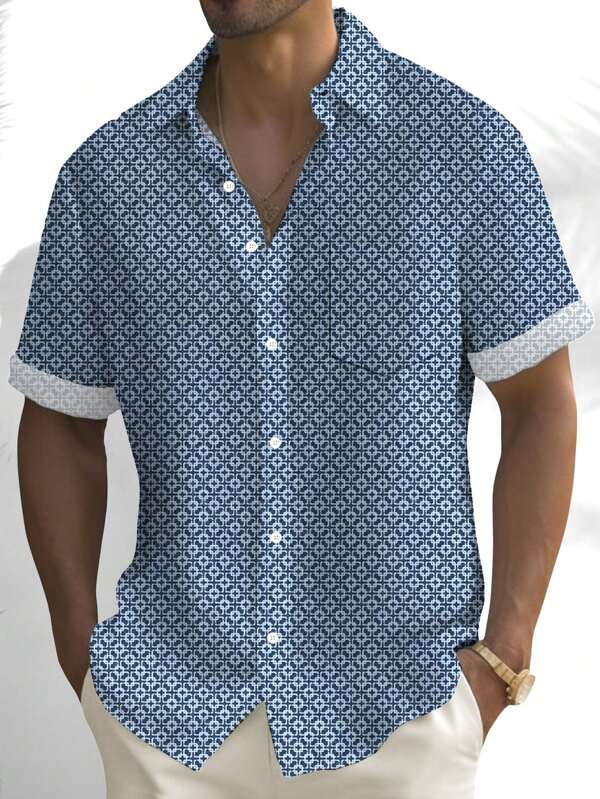Retro Casual Plaid Geometric 3D Digital Print Plus Size Men Short Sleeve Button Pocket Shirt