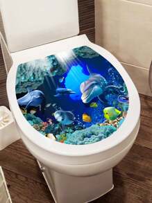 1pc Cartoon Dolphin Self-Adhesive PVC Toilet Lid Sticker Decorated With Sea Creatures, Stickers, Wall Decal, Vinyl Decal For Home Decorations, Spring Decoration Items Refresh Your Home, Festival Decoration Stickers Gifts Birthday Graduation