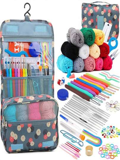 58pcs/130pcs Crochet Set, 108pcs DIY Crochet Starter Kit With All Materials, Portable Yarn Knitting Tools Set, Basic DIY Crochet Tools With Yarn, Craft Tool Kit, Random Yarn & Crochet Hook Colors (Please Specify Color If Needed)