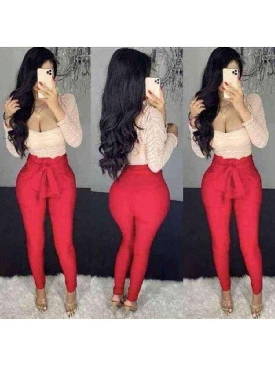 Dress Pants With Bow Front - Burgundy - View 1