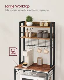 VASAGLE Kitchen Storage Rack With Power Outlet, Coffee Bar, Baker's Rack, With Metal Wire Panel, 14 Hooks, For Microwave, Steel Frame, 40 X 60 X 170 Cm, Rustic Brown And Ink Black