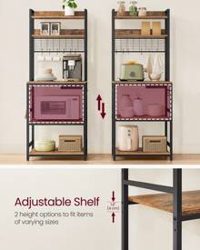 VASAGLE Kitchen Storage Rack With Power Outlet, Coffee Bar, Baker's Rack, With Metal Wire Panel, 14 Hooks, For Microwave, Steel Frame, 40 X 60 X 170 Cm, Rustic Brown And Ink Black