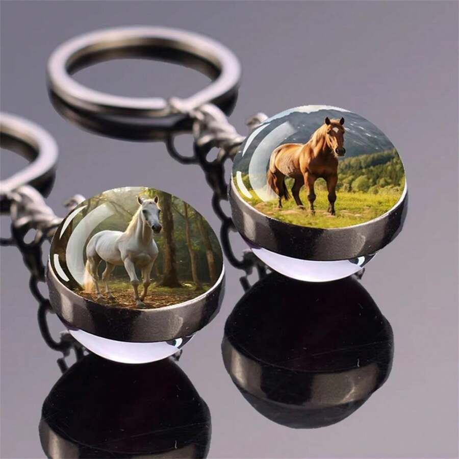 1 llavero de caballo con forma de animal, llavero de bola de cristal con patrón de doble cara, accesorios de joyería de moda, regalo.