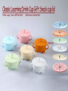1pc Silicone Cup With 1pc Snack Lid, Infant Baby Training Cup, Anti-Spill Milk/Water Cup With Handles & Straw, Children Beverage Cup