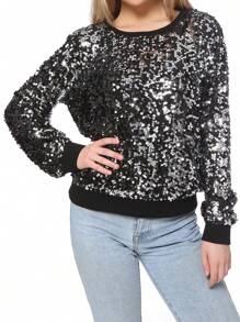 Women's Glitter Sequin Sweatshirt Long Sleeve Pullover Tops With Ribbed Cuffs - Black - View 1