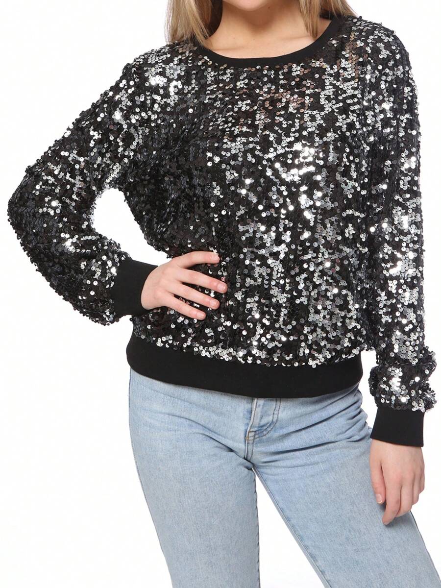 Women's Glitter Sequin Sweatshirt Long Sleeve Pullover Tops With Ribbed Cuffs - Black - View 1