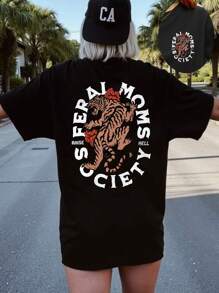 Camiseta Casual Solta de Manga Curta Estampa de Tigre e Letra para Mulheres - Preto - Visão 1