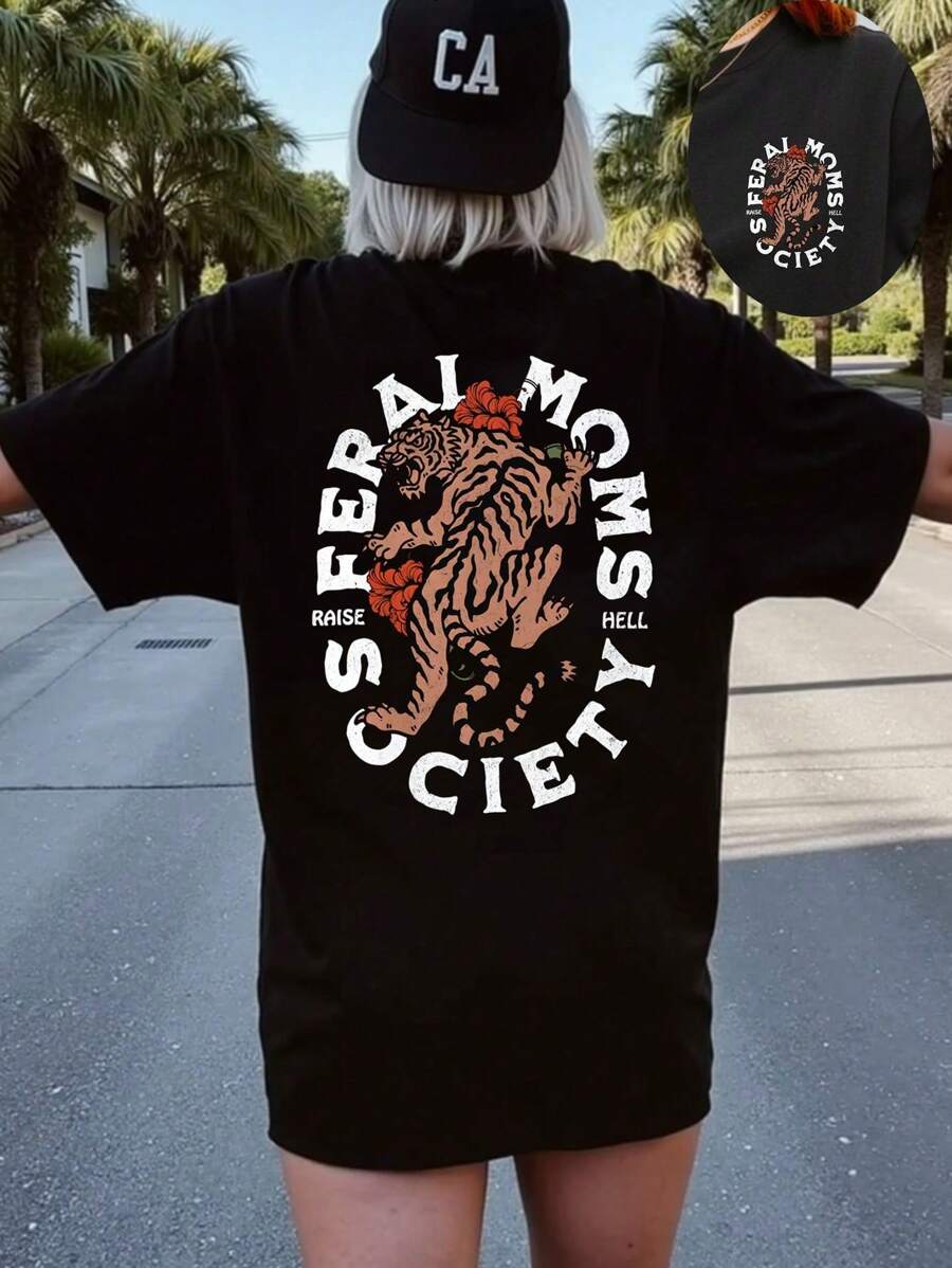 Camiseta Casual Solta de Manga Curta Estampa de Tigre e Letra para Mulheres - Preto - Visão 1