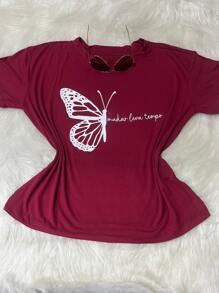Plus Size Women's Viscolycra T-Shirt With Simple Women's Print New - Màu Đỏ Sâu - Xem 1