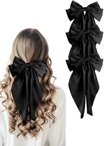 3 件装丝缎蝴蝶结发夹，大号蝴蝶结长丝带可爱发饰，圣诞蝴蝶装饰时尚金属夹发夹红色和绿色