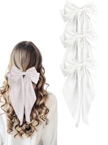 3 件装丝缎蝴蝶结发夹，大号蝴蝶结长丝带可爱发饰，圣诞蝴蝶装饰时尚金属夹发夹红色和绿色